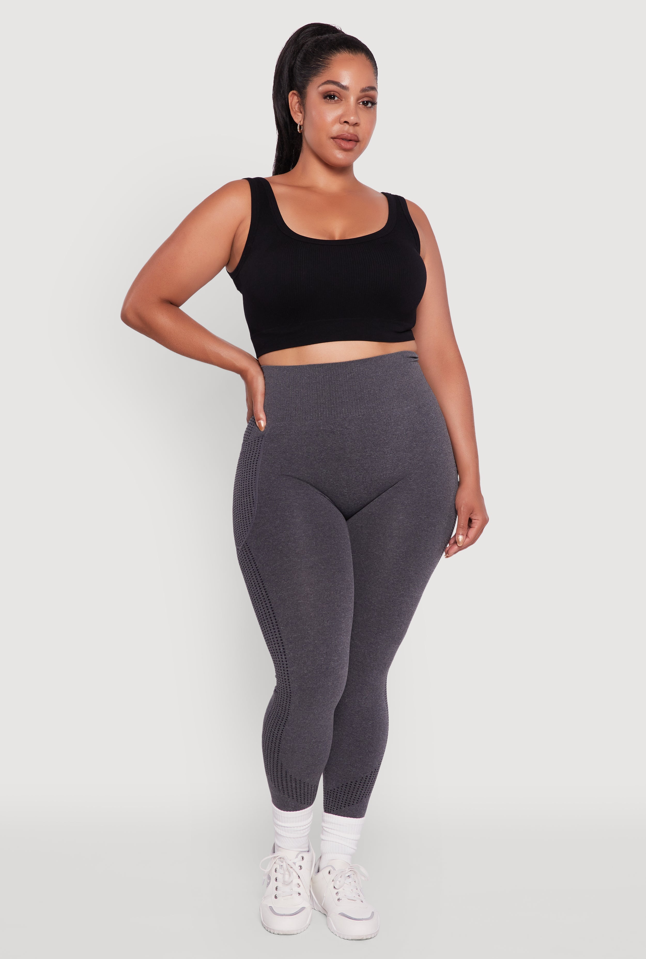 Plus Size Textured Knit Detail High Waisted Leggings with Cell Pocket