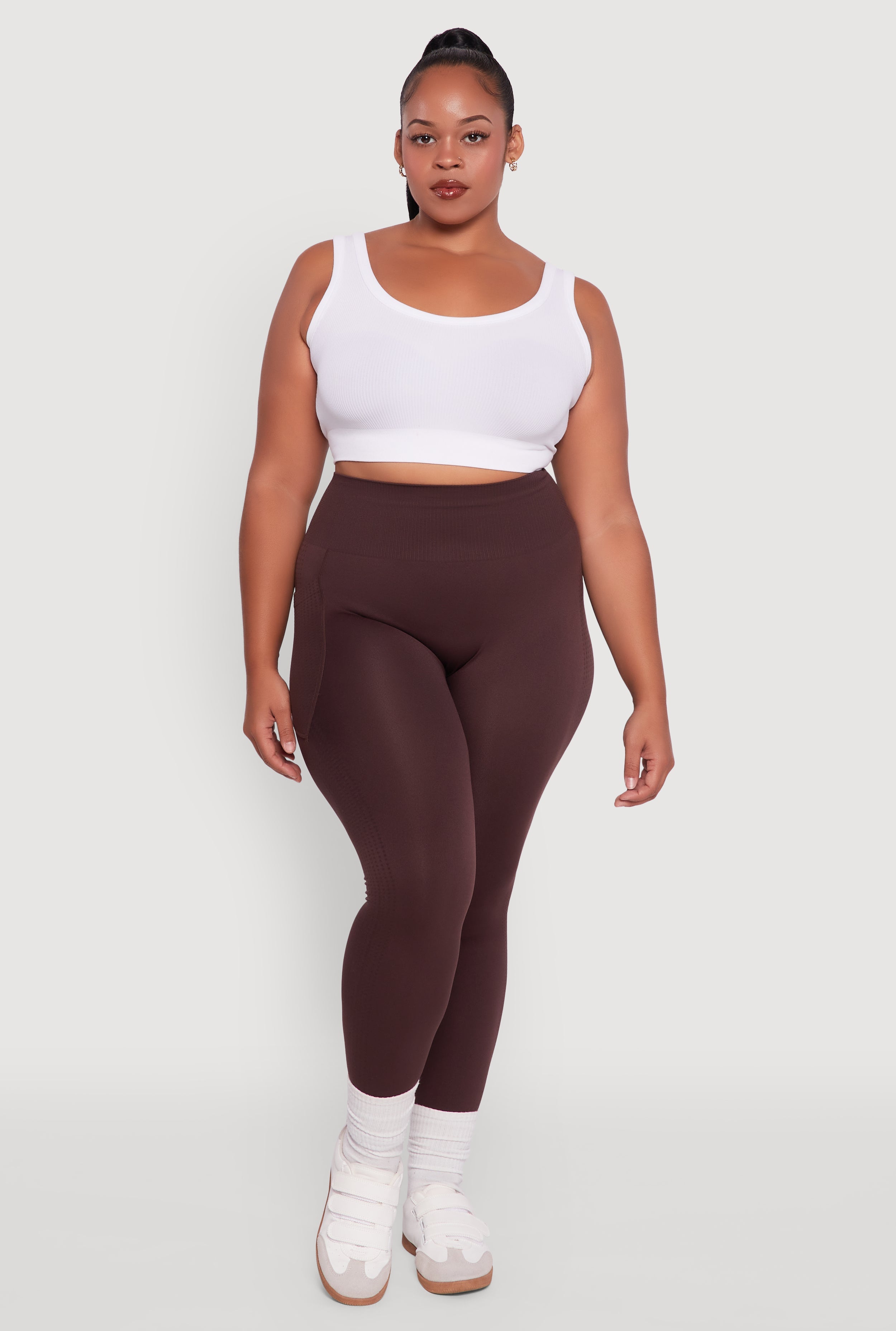 Plus Size Textured Knit Detail High Waisted Leggings with Cell Pocket