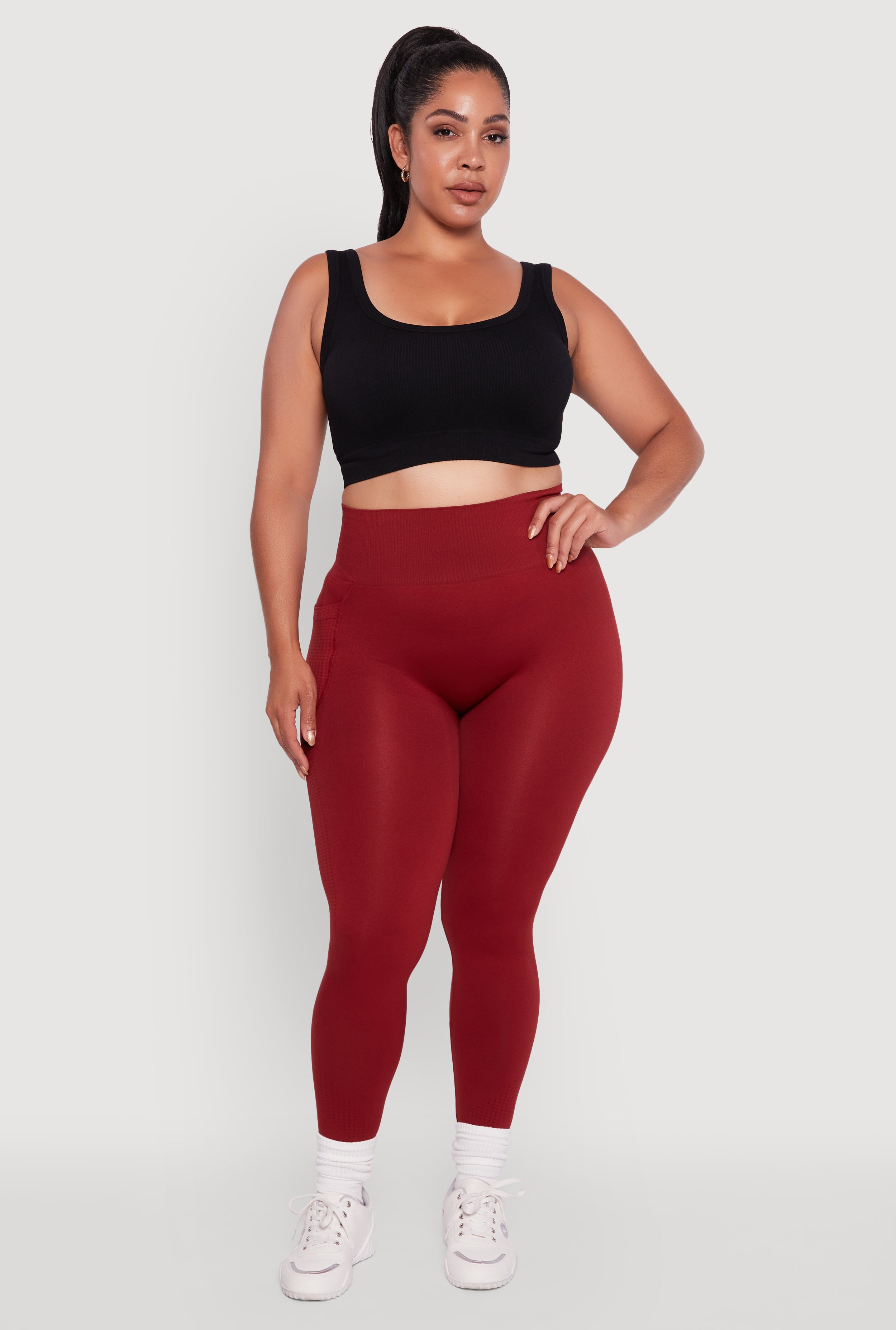 Plus Size Textured Knit Detail High Waisted Leggings with Cell Pocket