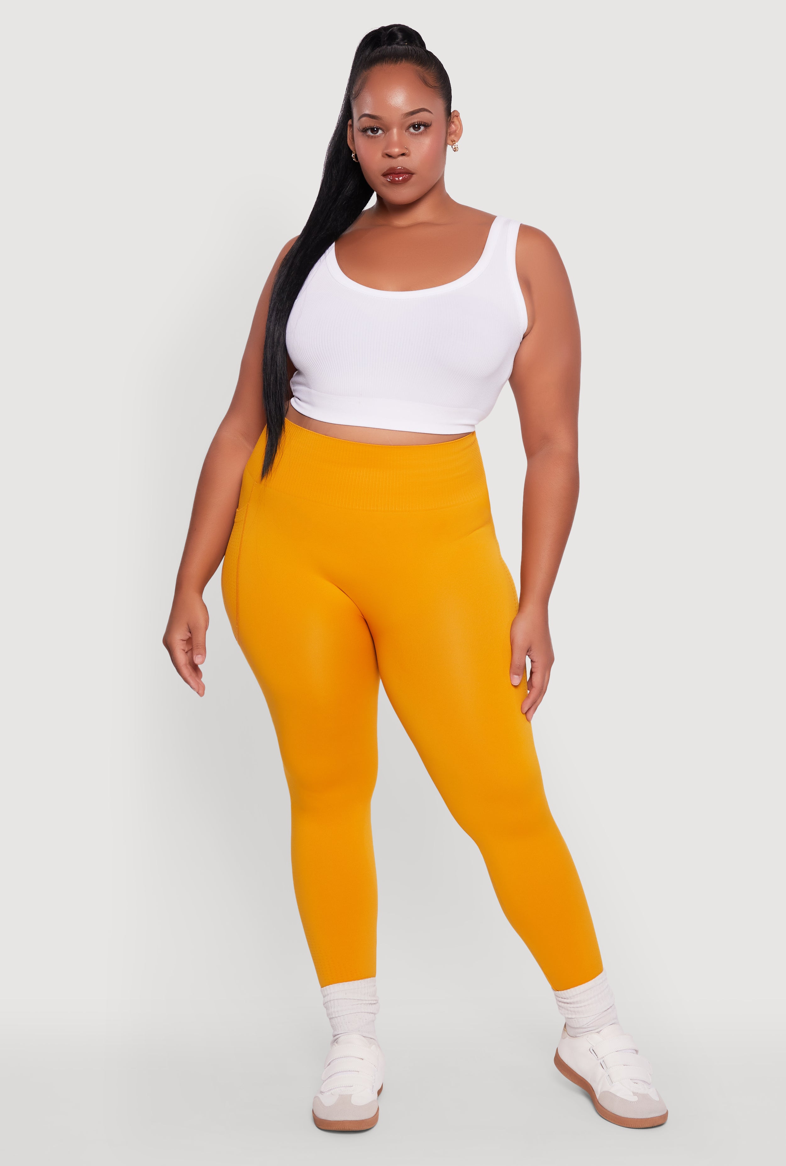 Plus Size Textured Knit Detail High Waisted Leggings with Cell Pocket