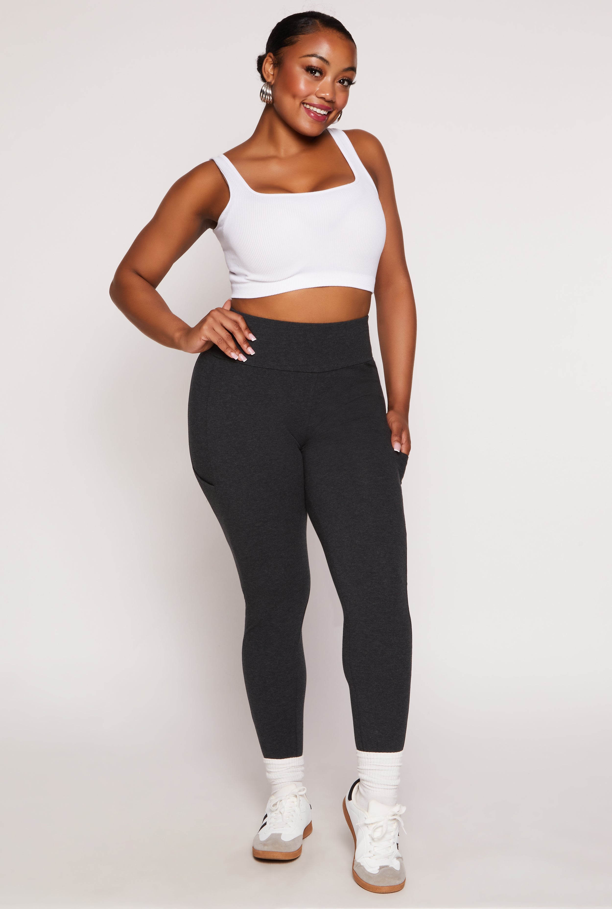 Plus Size Solid High Waist Cell Phone Pocket Leggings