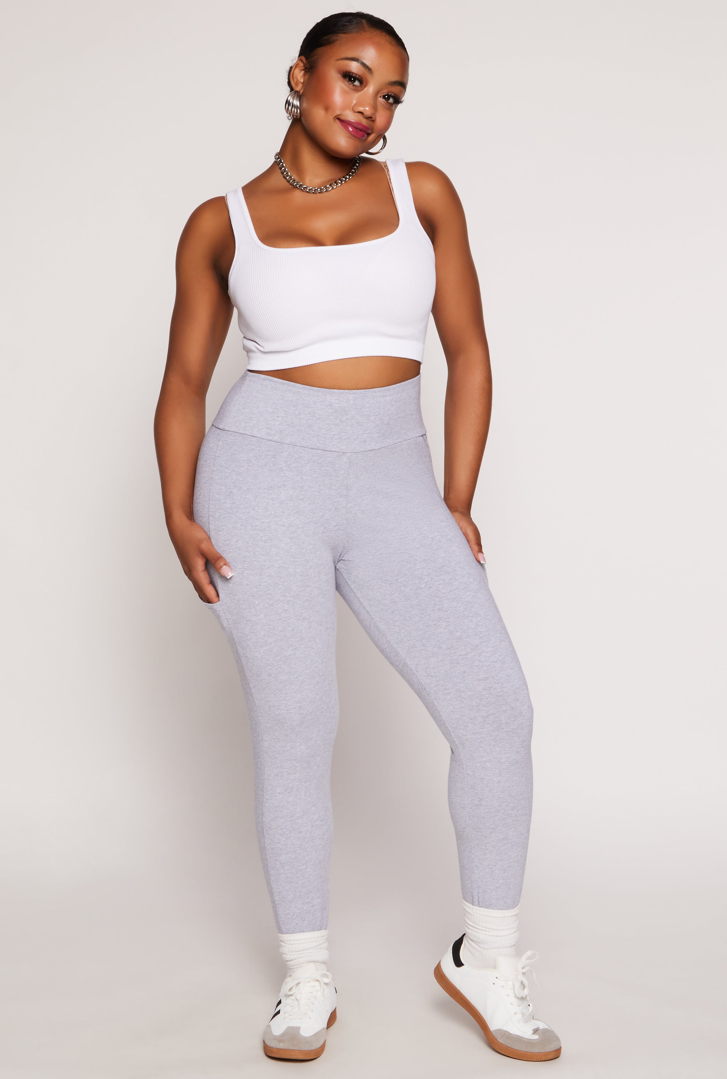 Plus Size Solid High Waist Cell Phone Pocket Leggings