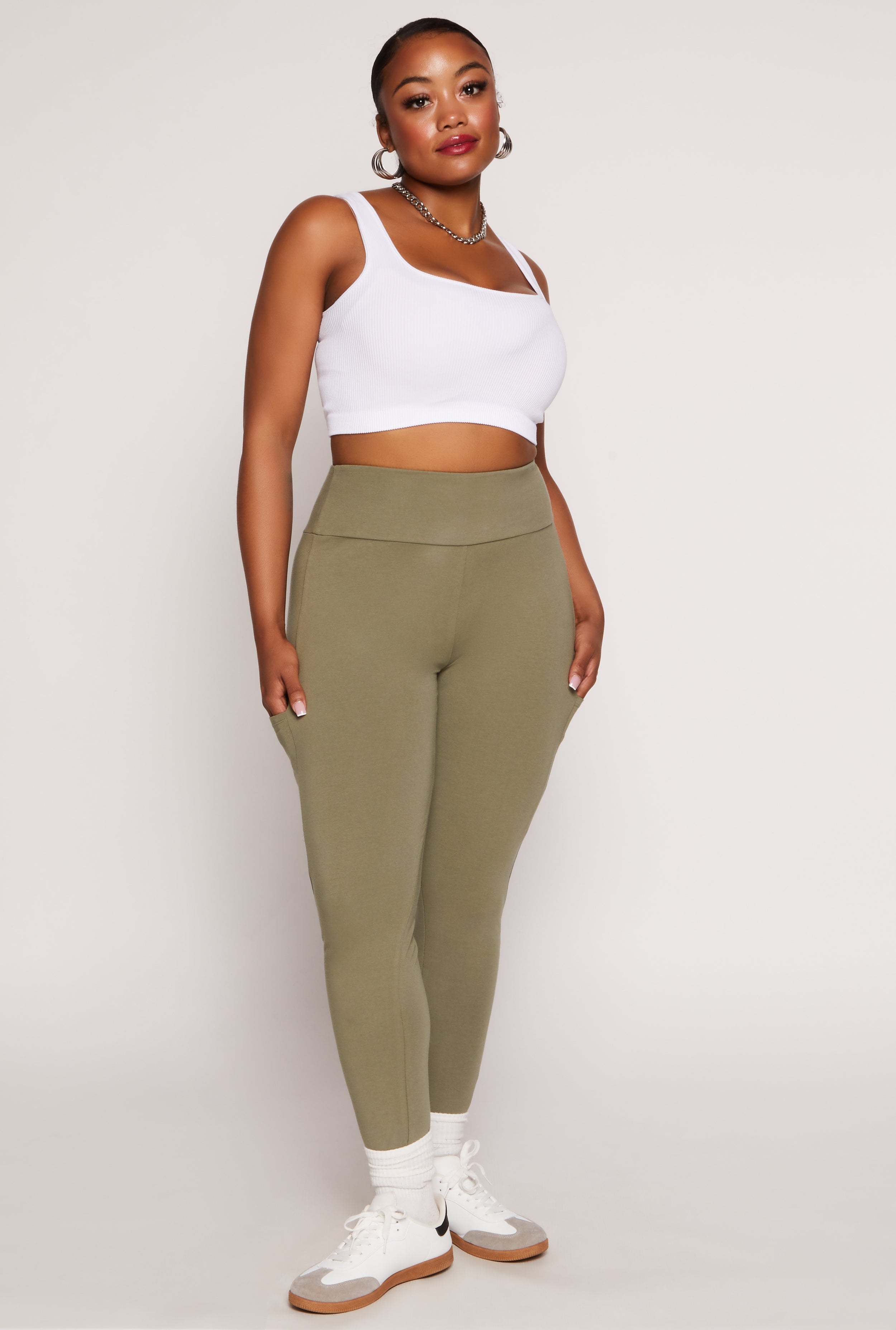 Plus Size Solid High Waist Cell Phone Pocket Leggings
