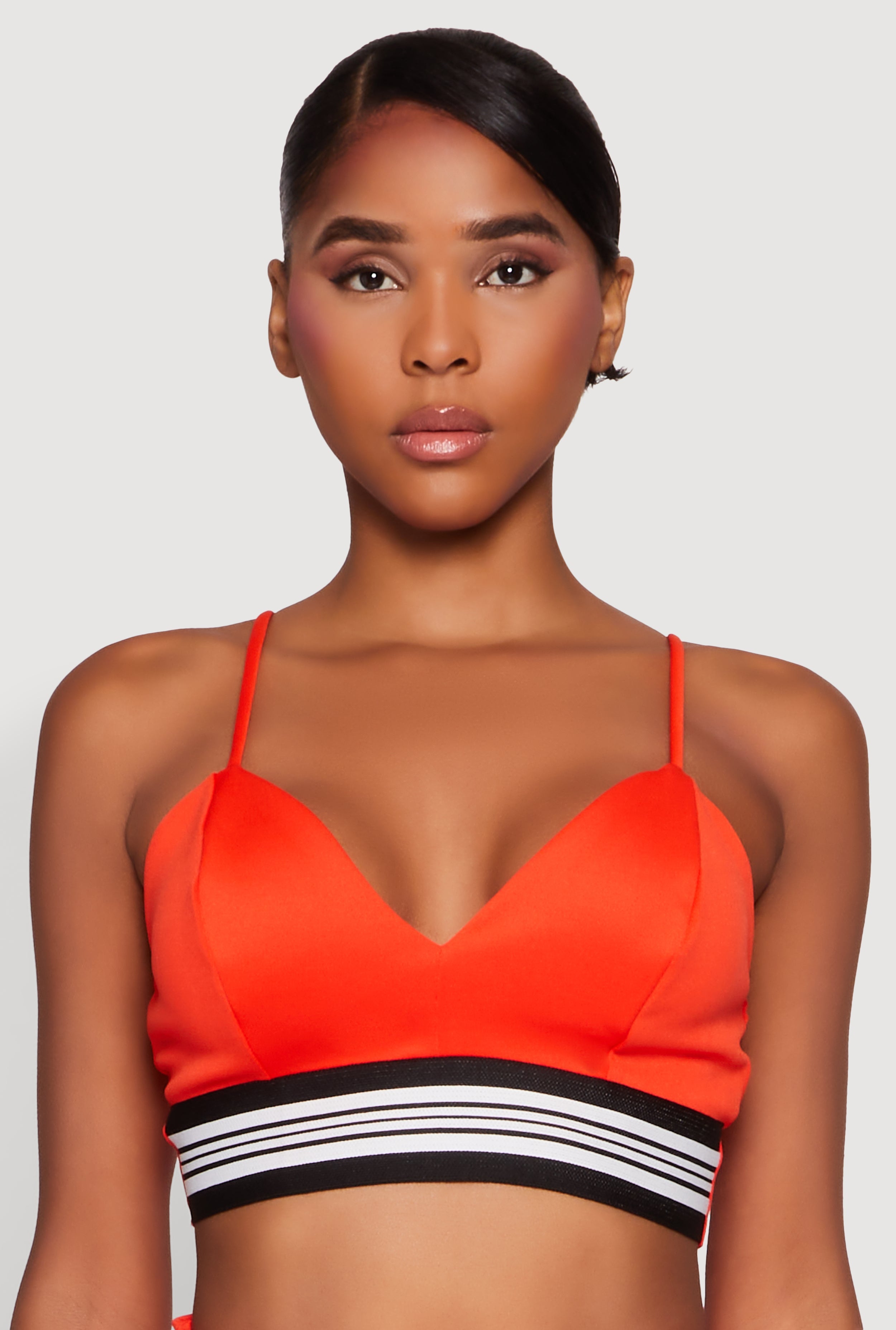 Stylish Sleeveless V-Neck Crop Top with Contrast Trim and Varsity Stripe
