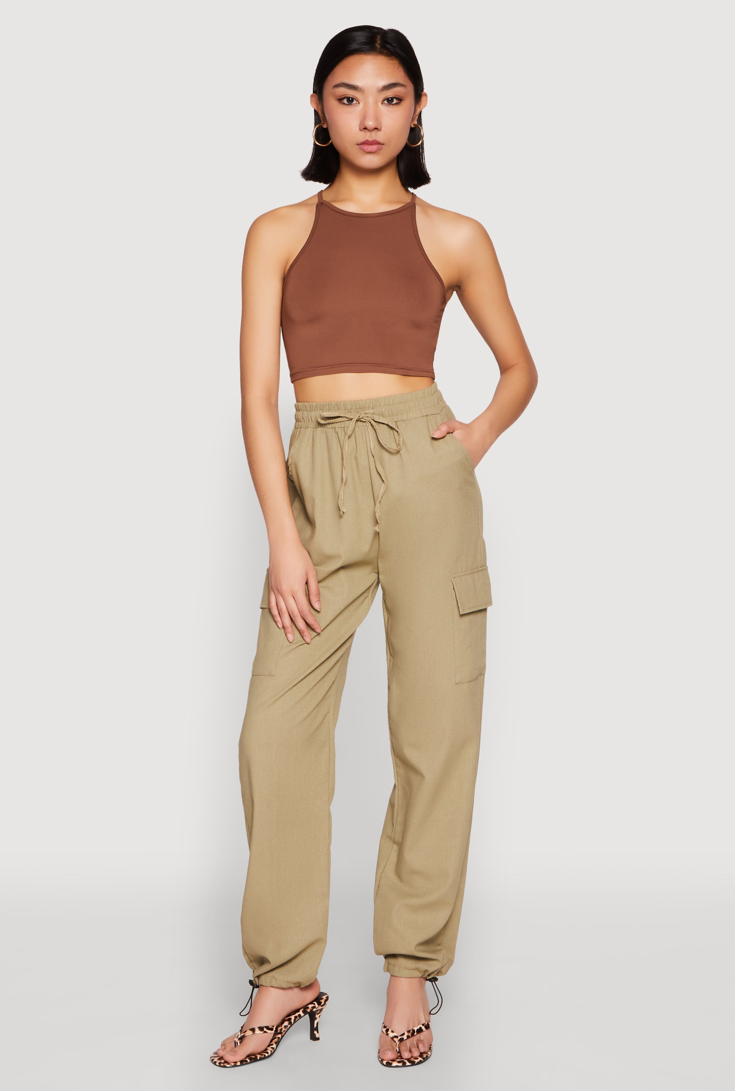 Toggle Drawstring Hem Linen Cargo Pants