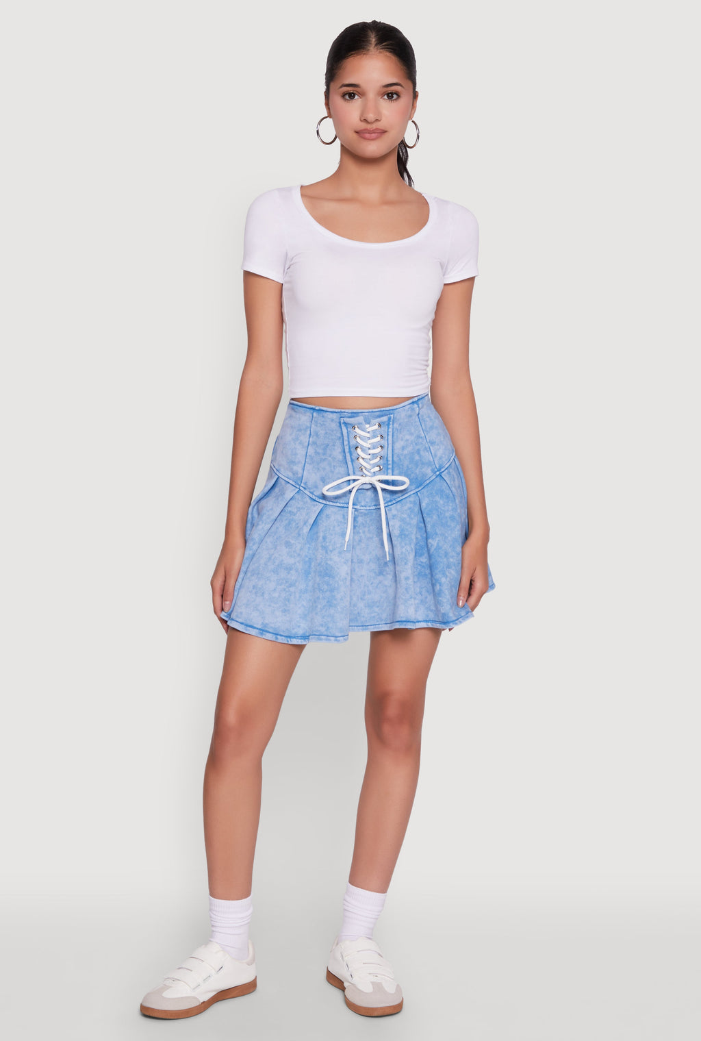 Trendy Lace Up Detail Mineral Wash Pleated Skirt