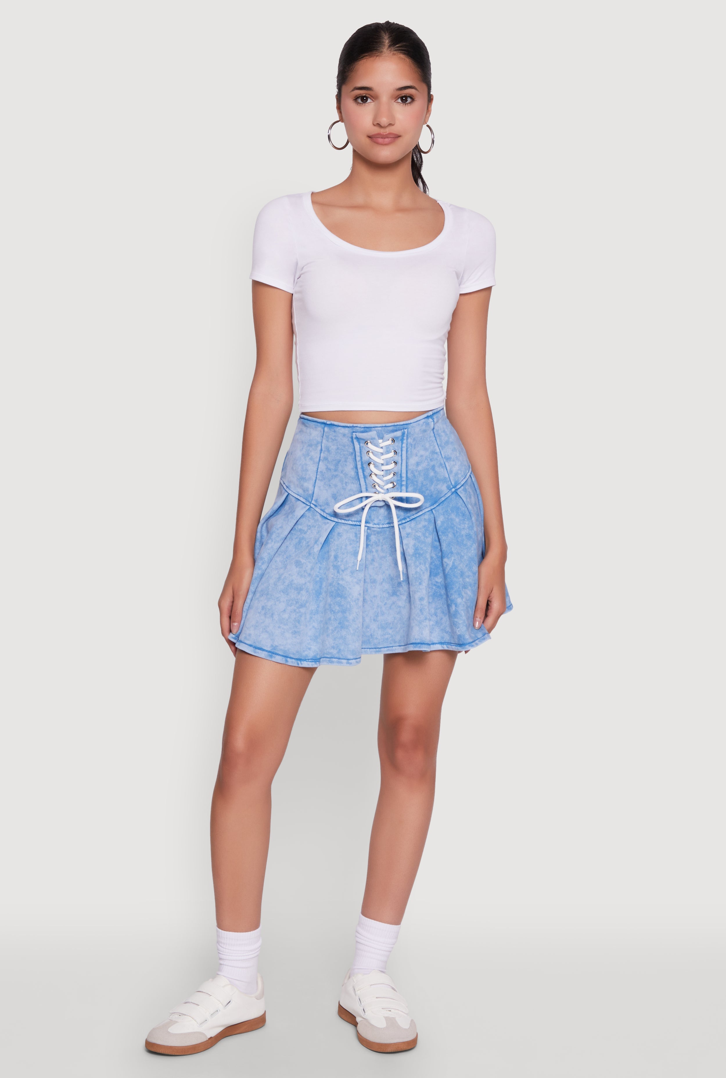 Trendy Lace Up Detail Mineral Wash Pleated Skirt