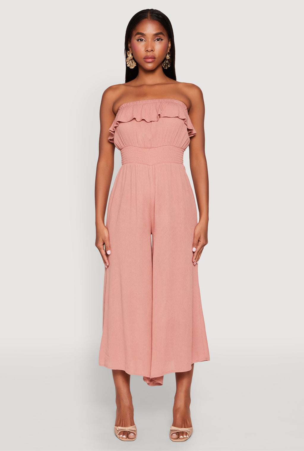 Almost Famous Ruffle Overlay Smocked Waist Jumpsuit