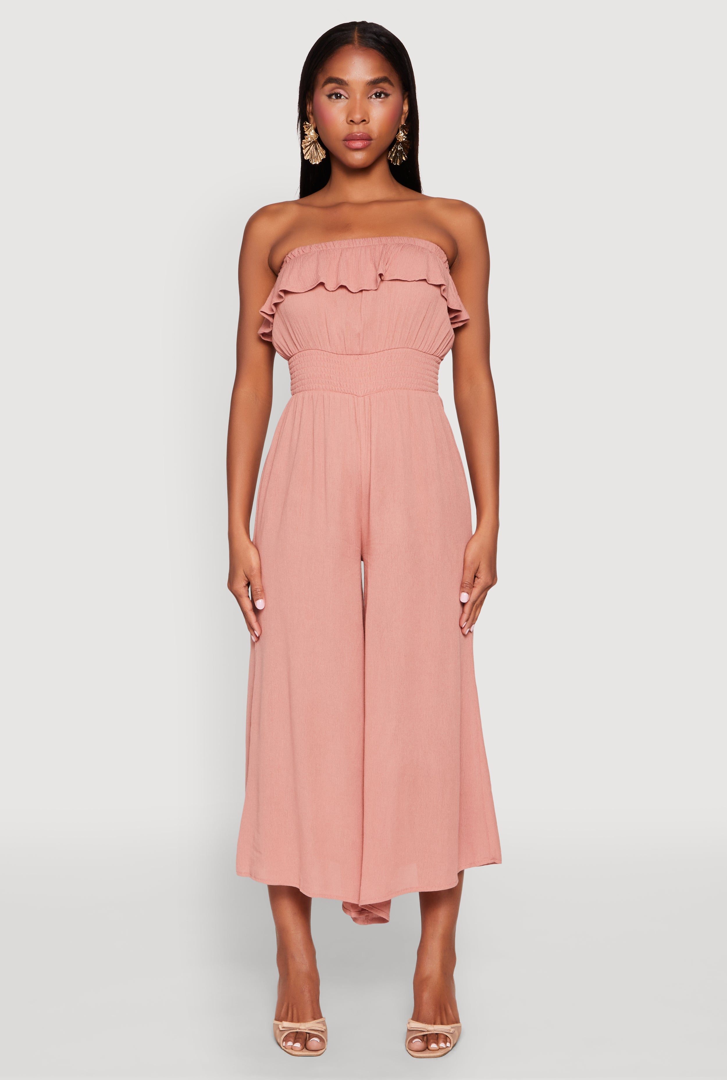 Almost Famous Ruffle Overlay Smocked Waist Jumpsuit