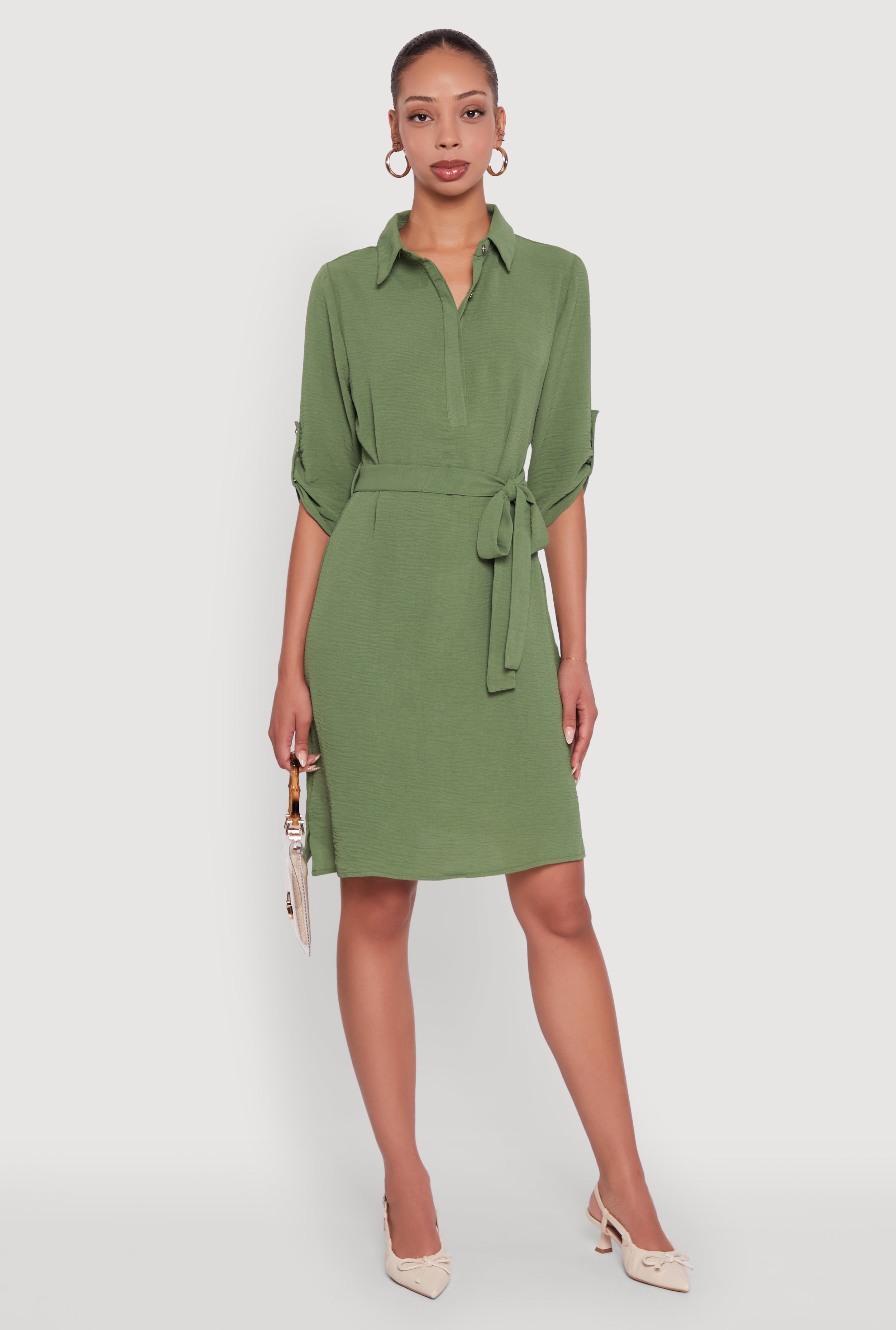 Airy Three Quarter Tabbed Sleeve Belted Shirt Dress