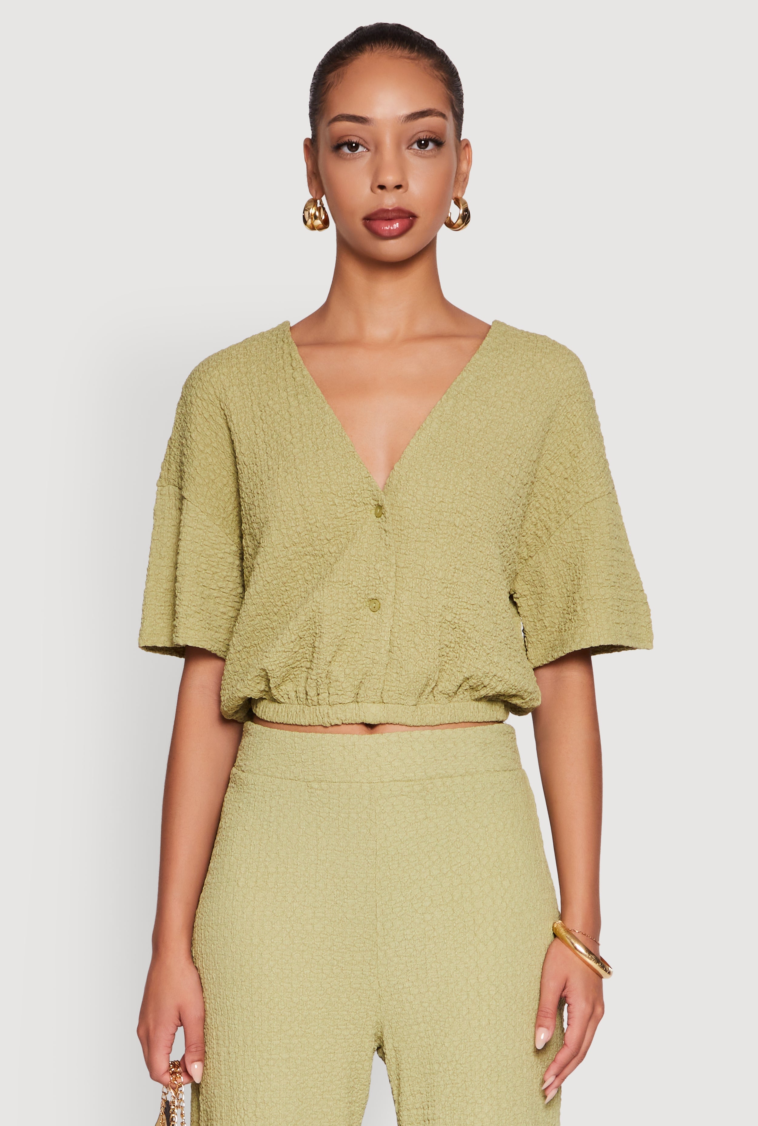 Trendy Textured Knit Button Front V-Neck Blouse