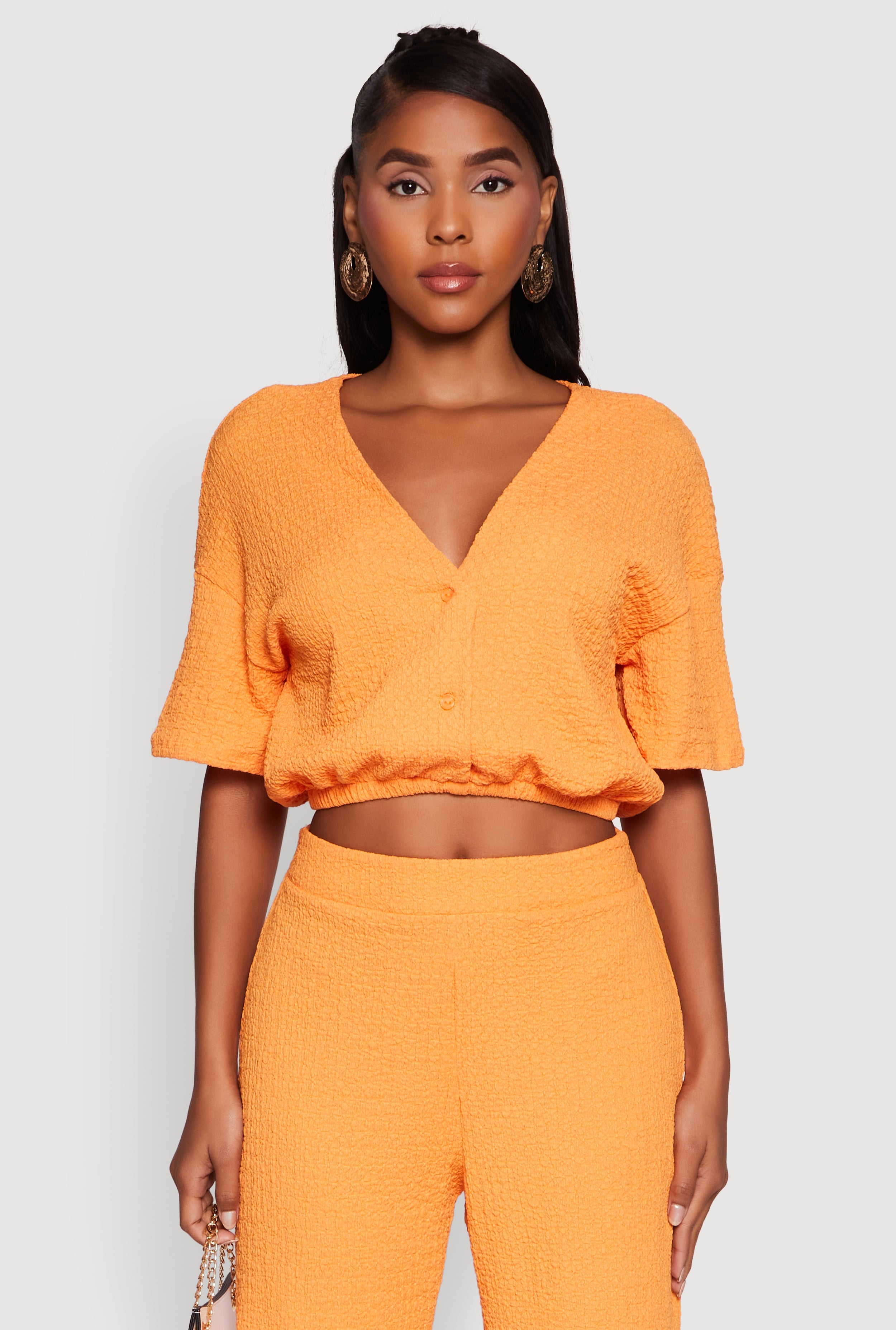 Trendy Textured Knit Button Front V-Neck Blouse