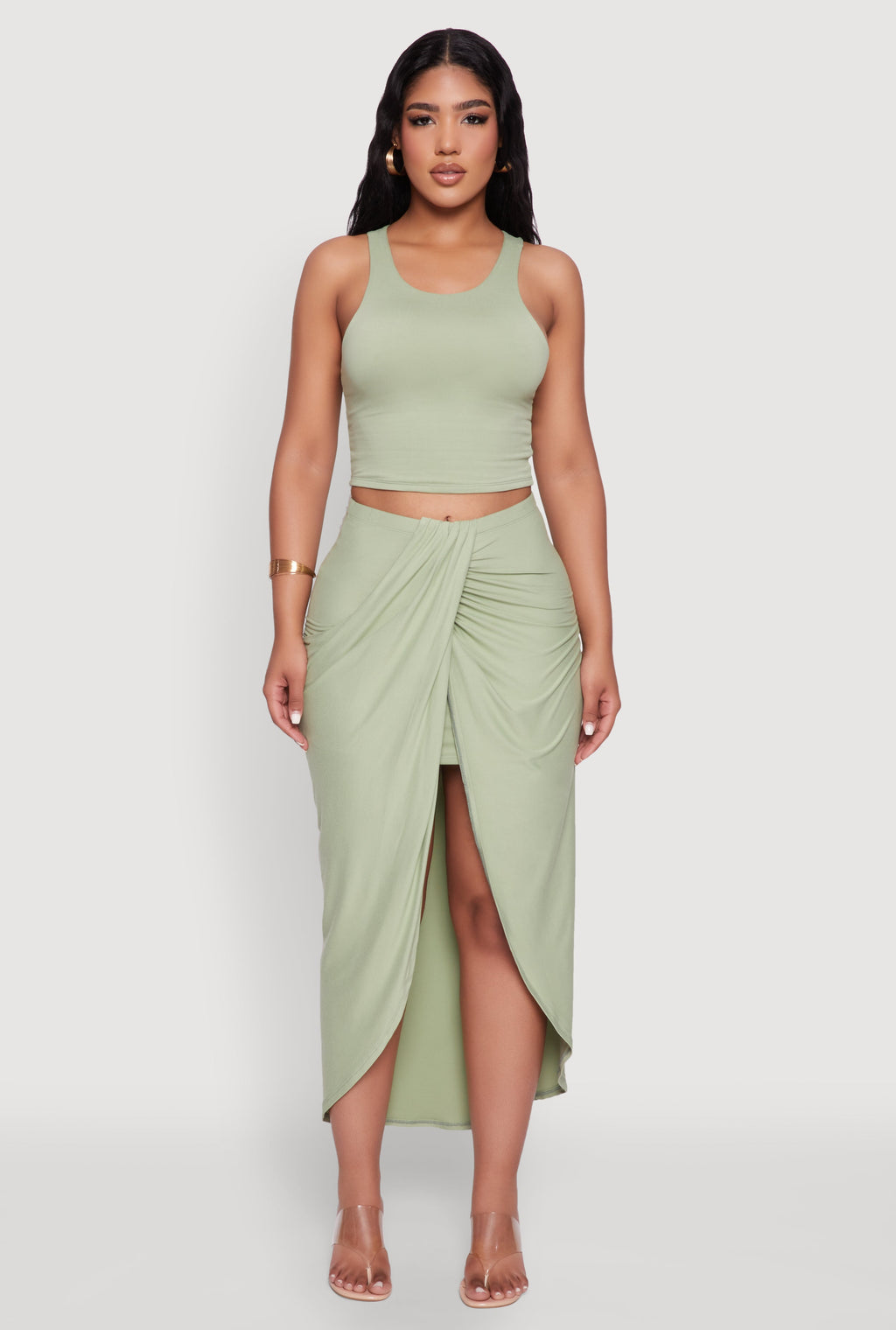 Soft Knit Twisted Front High Low Maxi Skirt