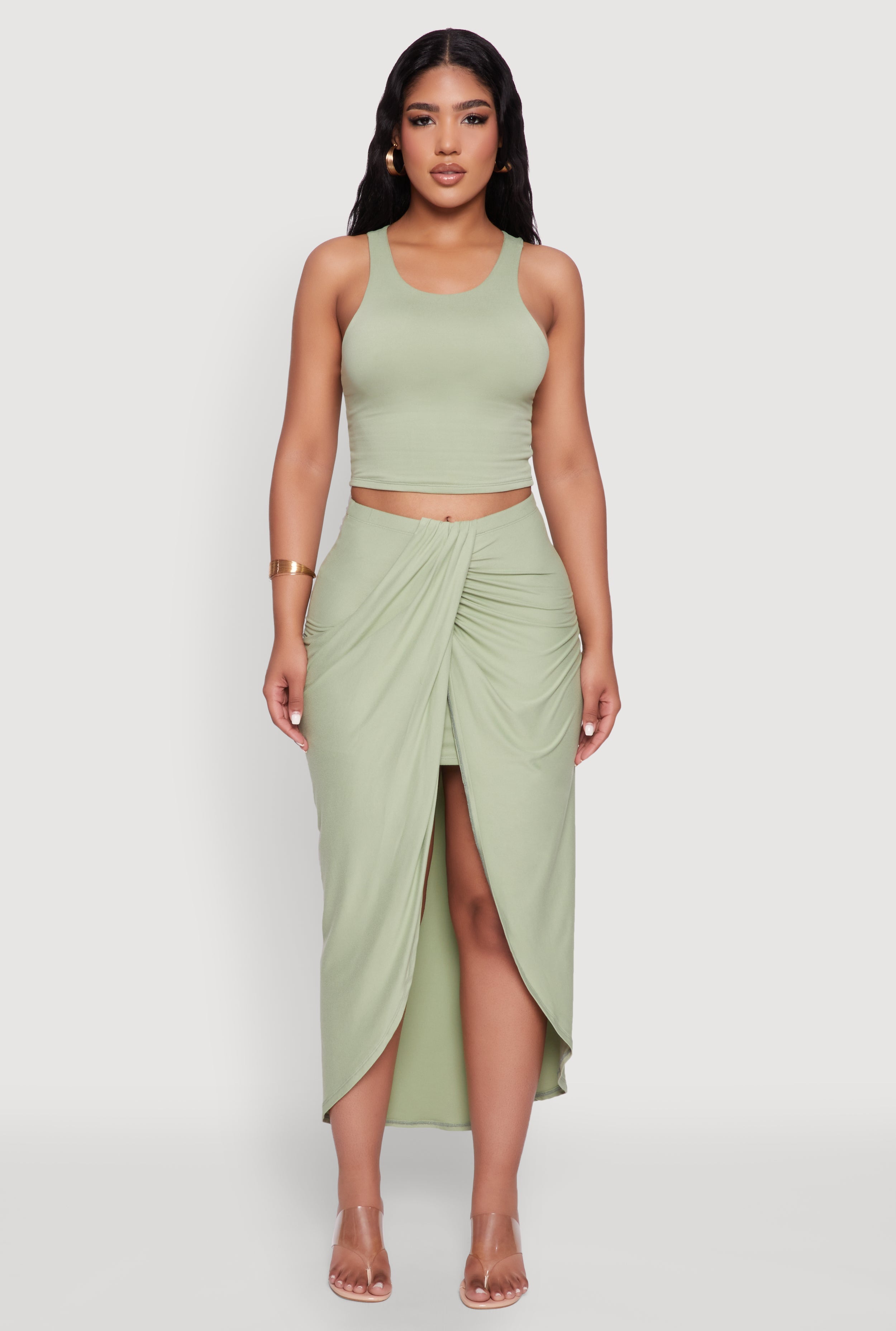 Soft Knit Twisted Front High Low Maxi Skirt