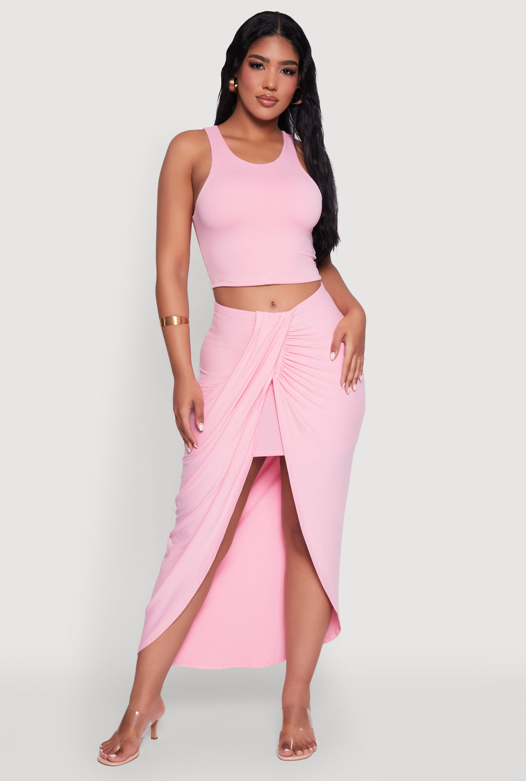 Soft Knit Twisted Front High Low Maxi Skirt