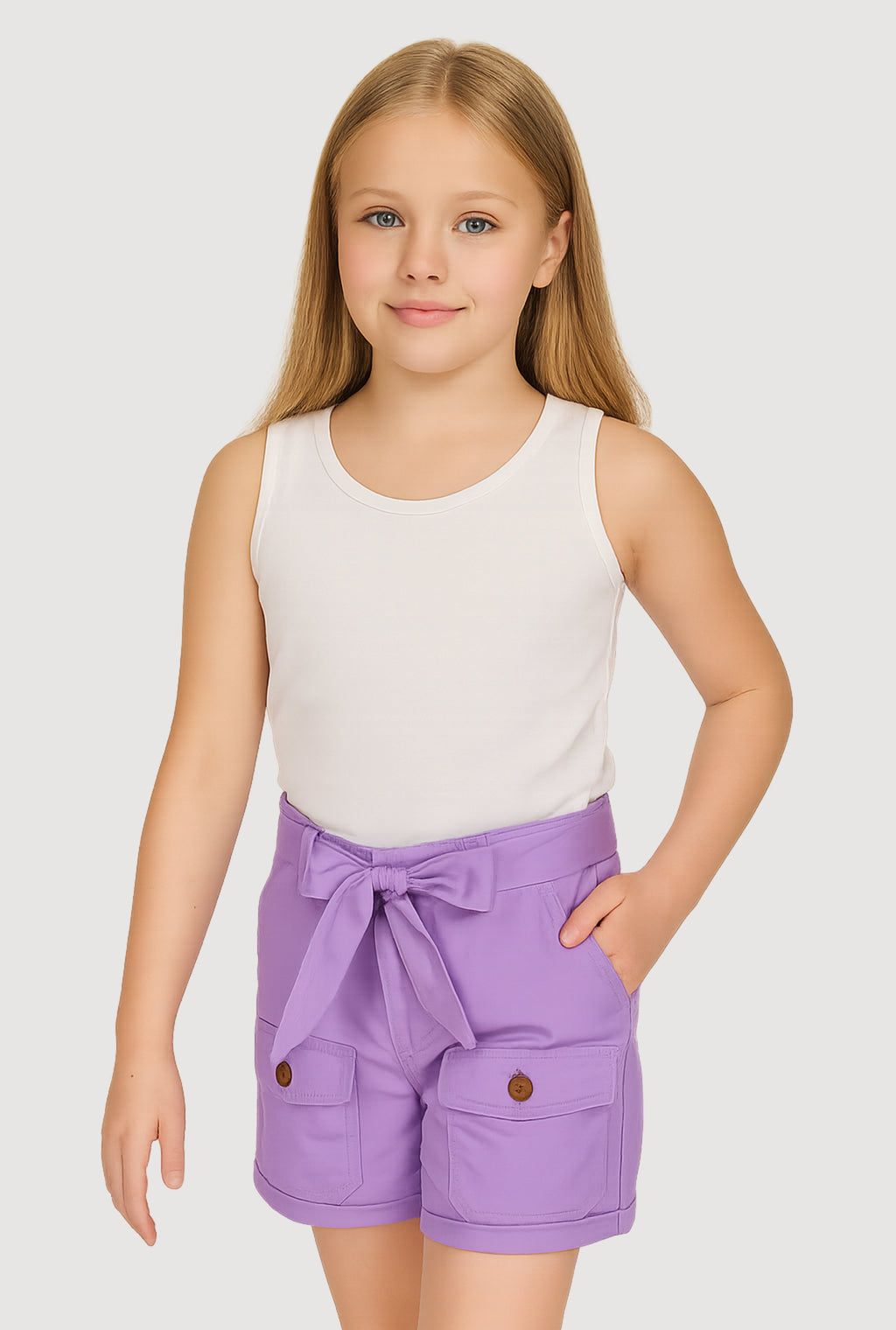 Girls Poplin Tie Waist Belted Cargo Pocket Shorts