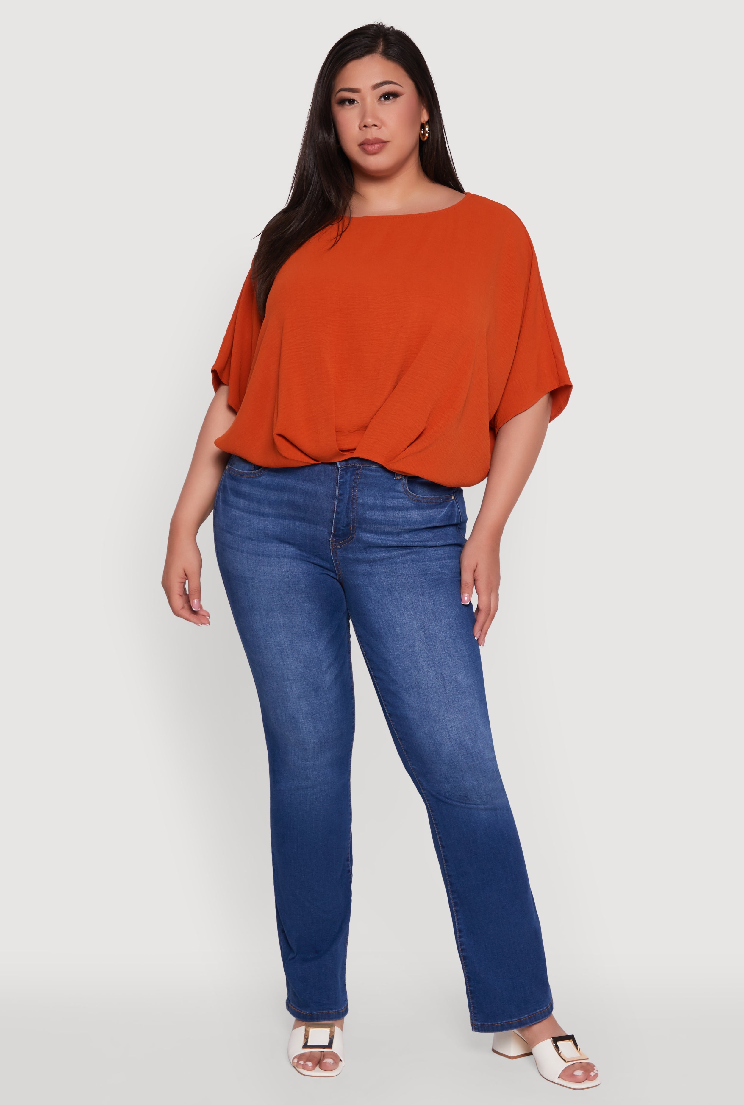 Plus Size Crepe Knit Gathered Hem Dolman Sleeve Blouse