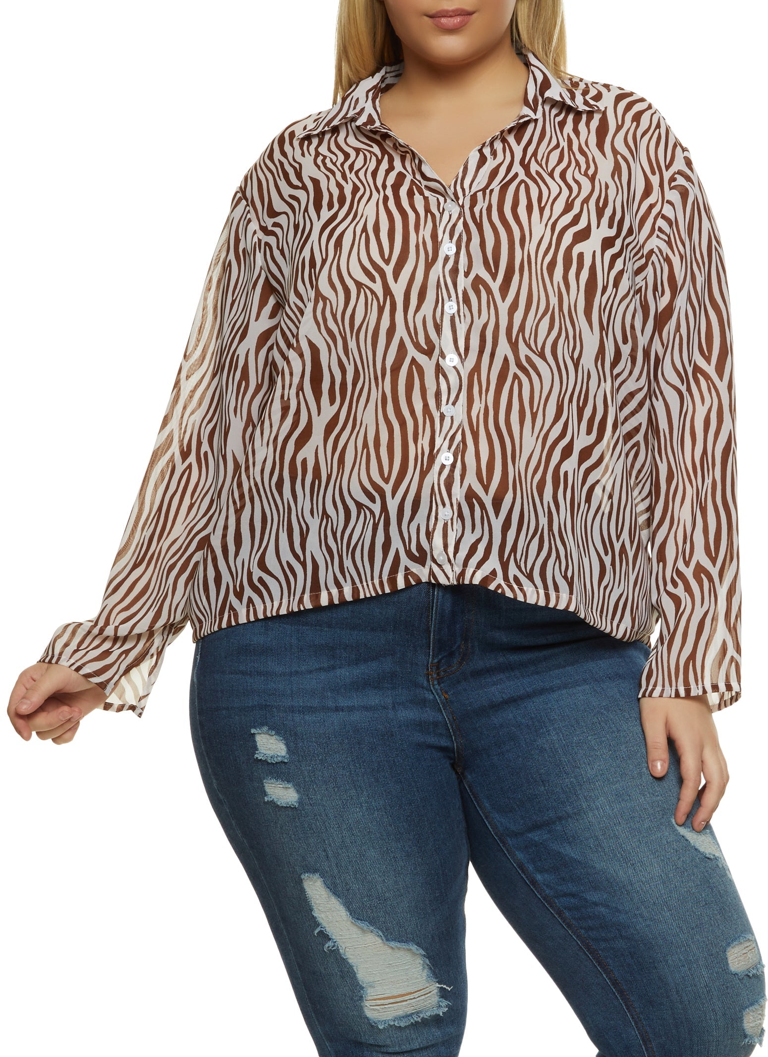 Plus Size Zebra Print Button Front Top