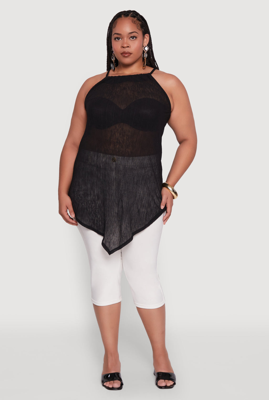 Plus Size Chic Textured Knit Tank Top with Hanky Hem and Halter Neck