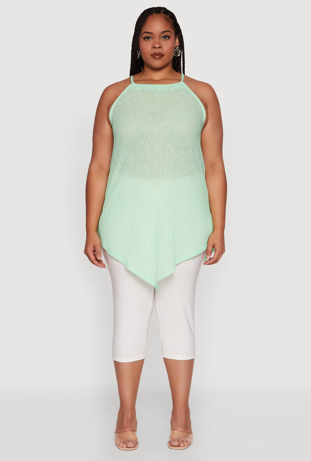 Plus Size Chic Textured Knit Tank Top with Hanky Hem and Halter Neck
