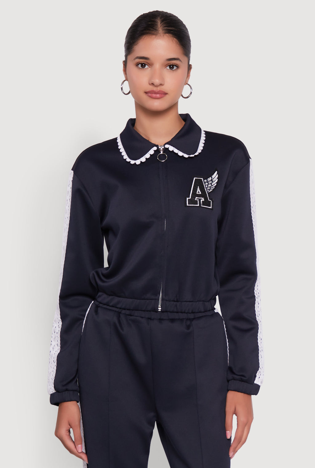 Collared Crochet Trim Graphic Track Jacket
