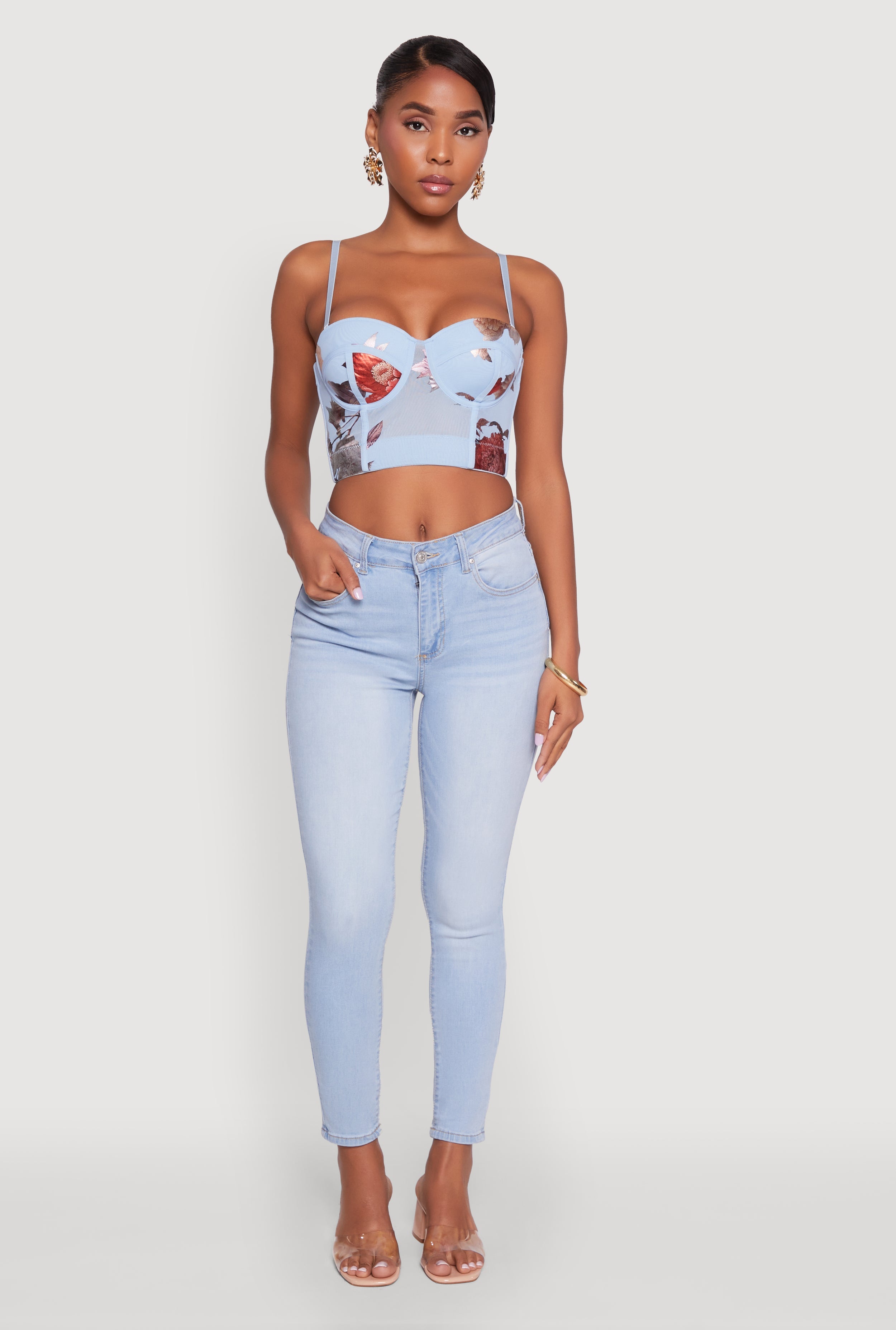 Stylish Floral Mesh Bustier Crop Top