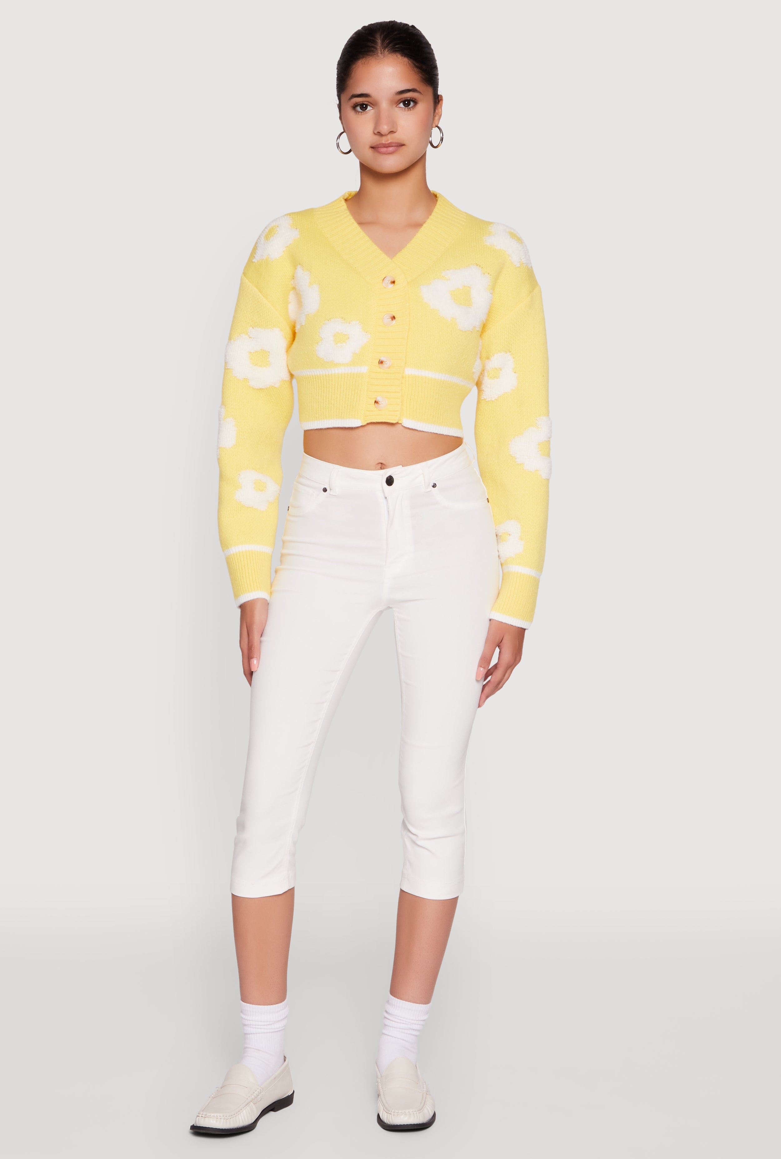 Chenille Floral Brushed Knit Cropped Cardigan