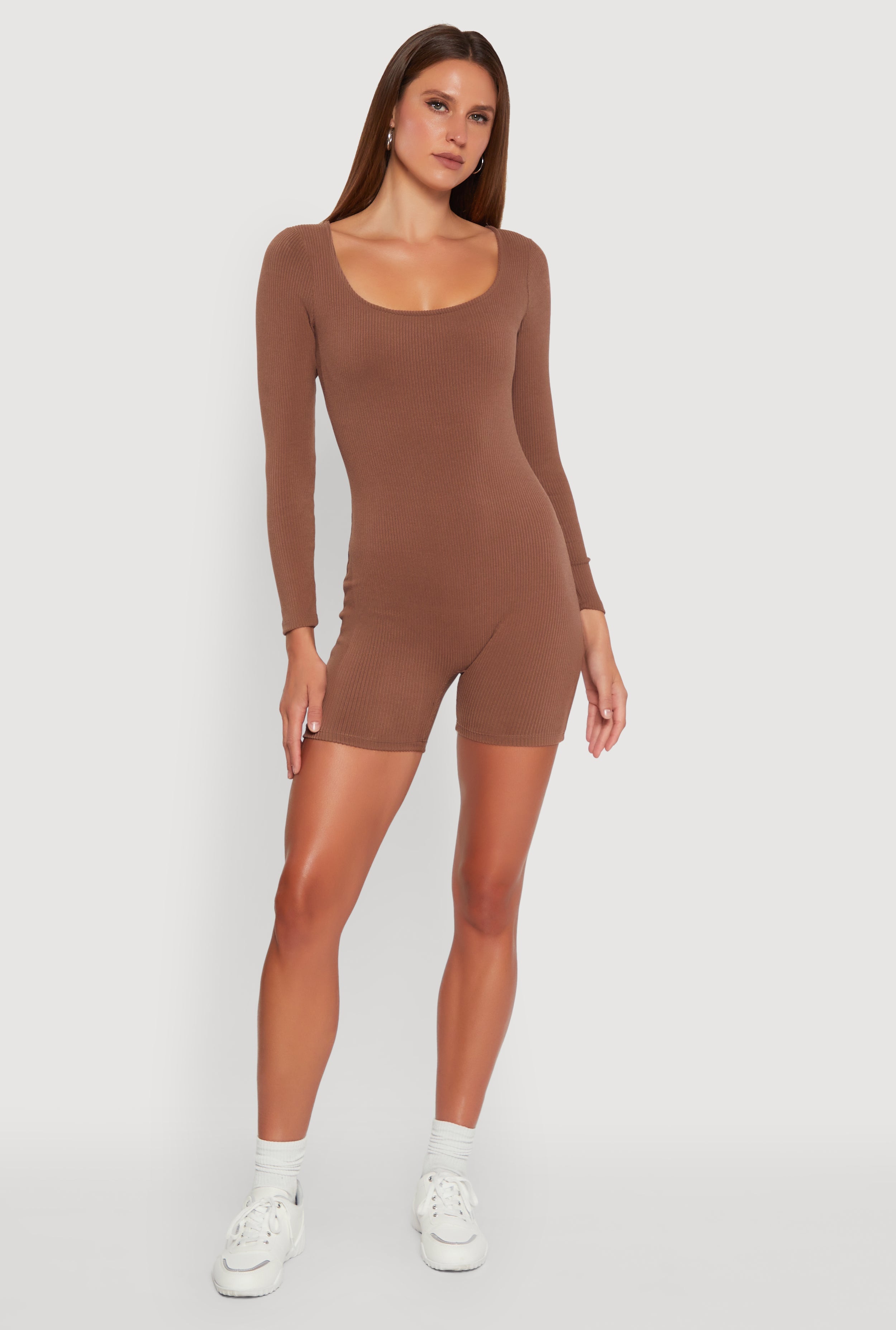 Brushed Rib Knit Long Sleeve Square Neck Catsuit