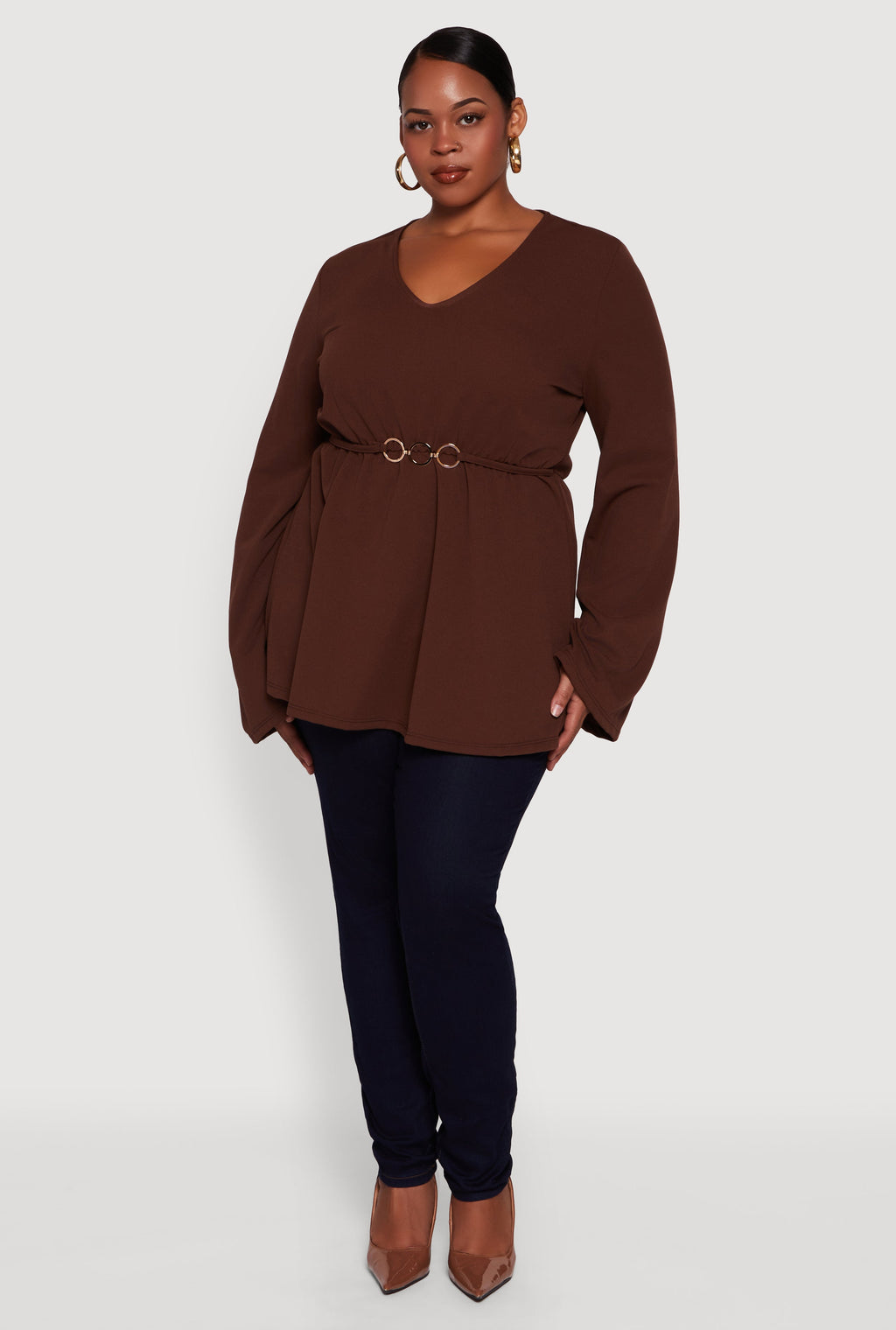 Plus Size Metallic Belted Front V Neck Bell Sleeve Blouse