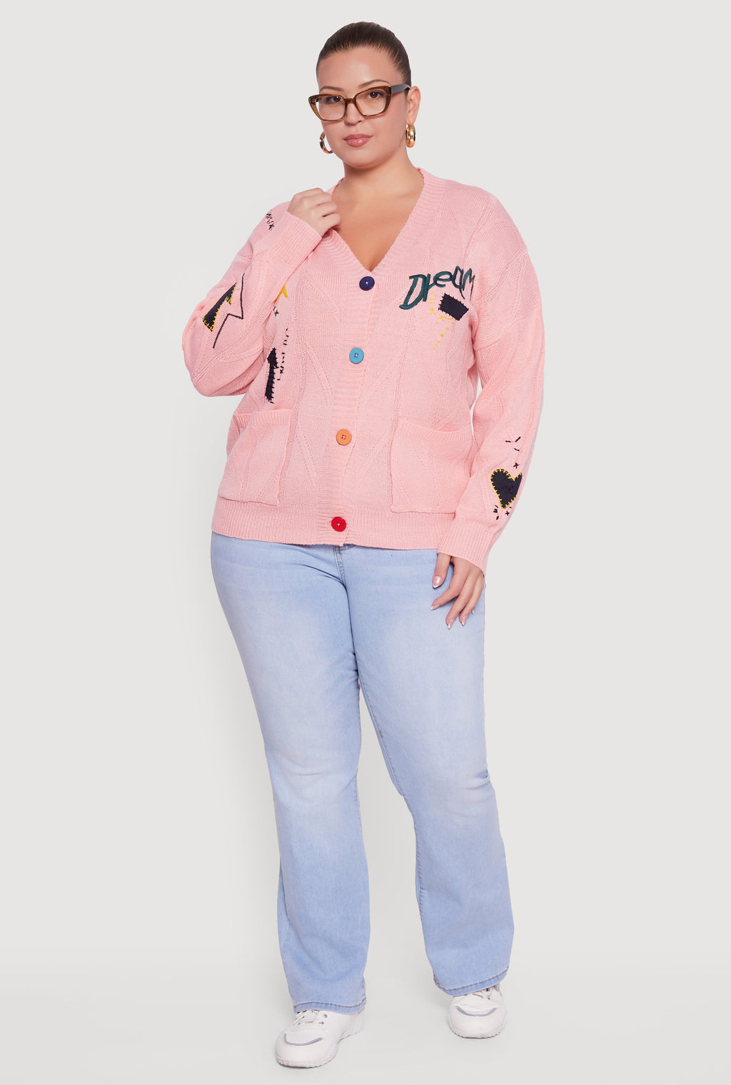 Plus Size Embroidered Patch Button Front Cardigan