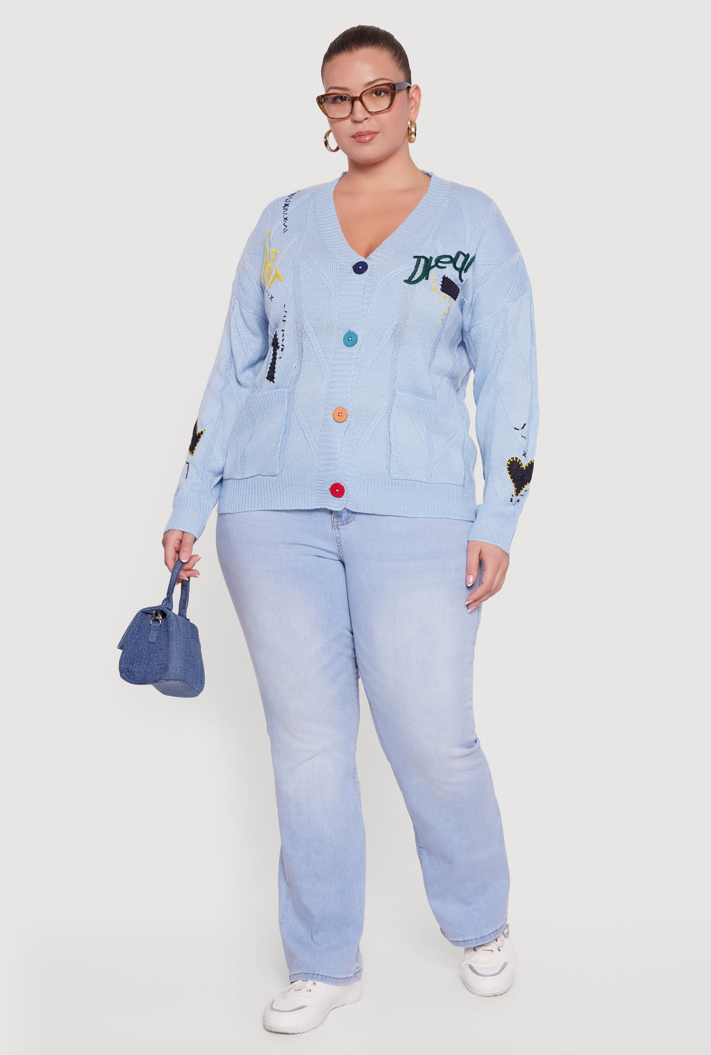 Plus Size Embroidered Patch Button Front Cardigan