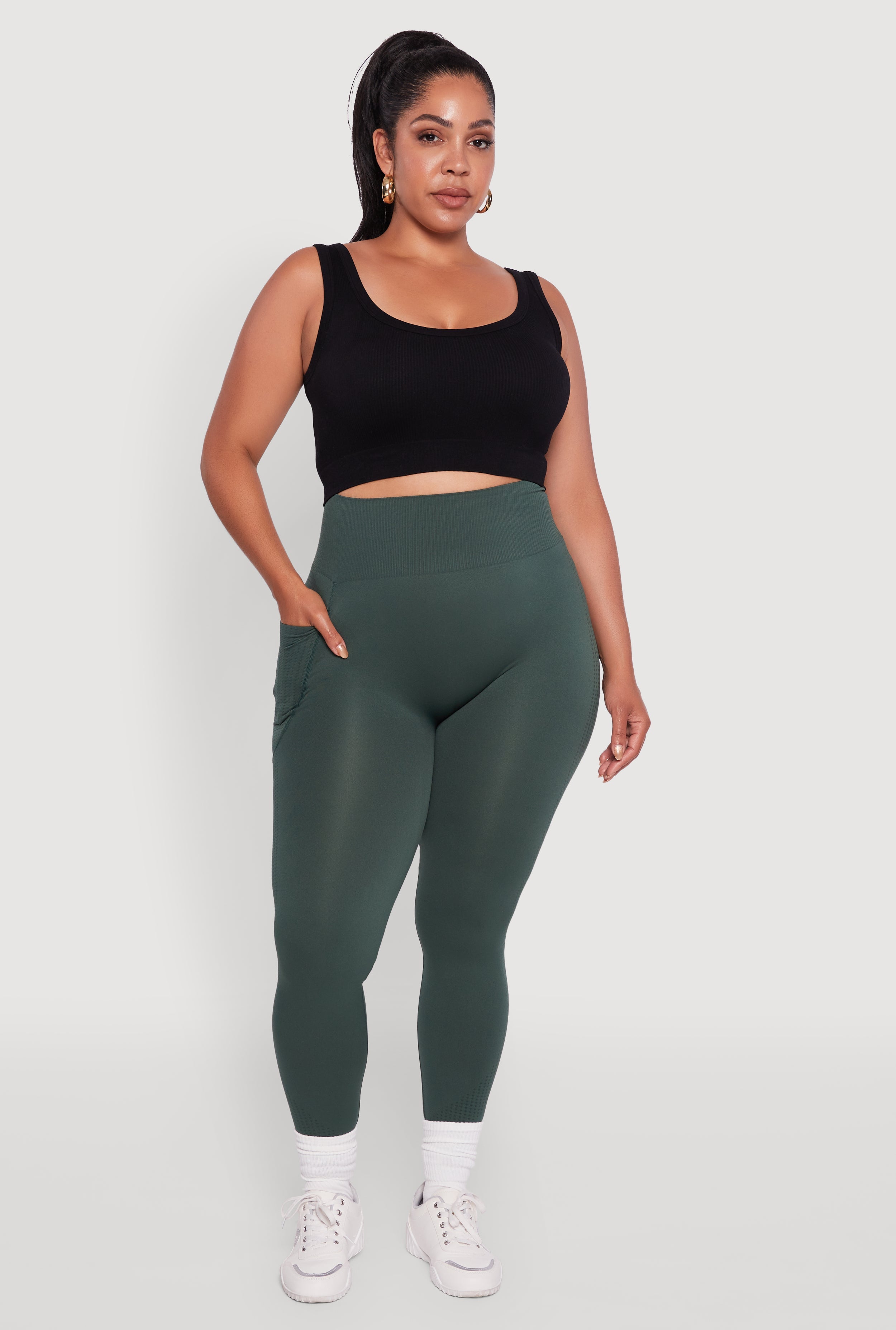 Plus Size Textured Knit Detail High Waisted Leggings with Cell Pocket