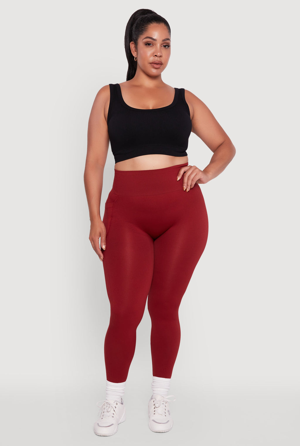 Plus Size Textured Knit Detail High Waisted Leggings with Cell Pocket