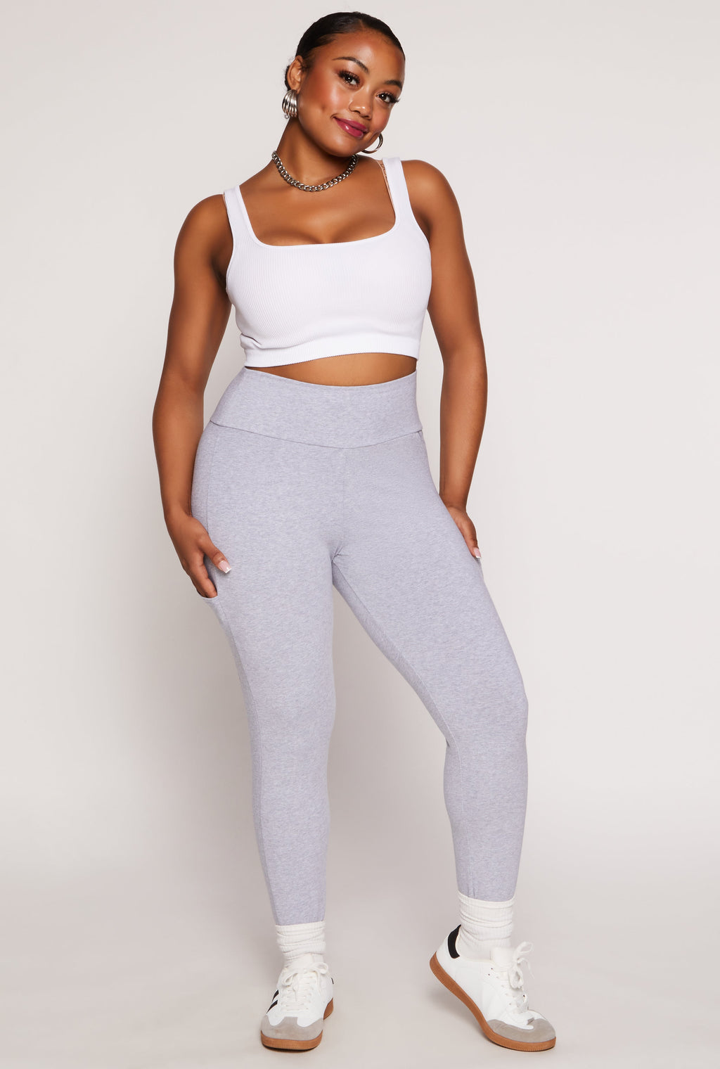 Plus Size Solid High Waist Cell Phone Pocket Leggings
