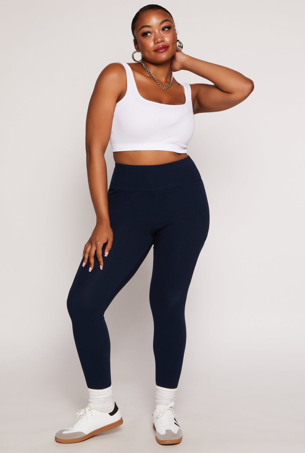 Plus Size Solid High Waist Cell Phone Pocket Leggings