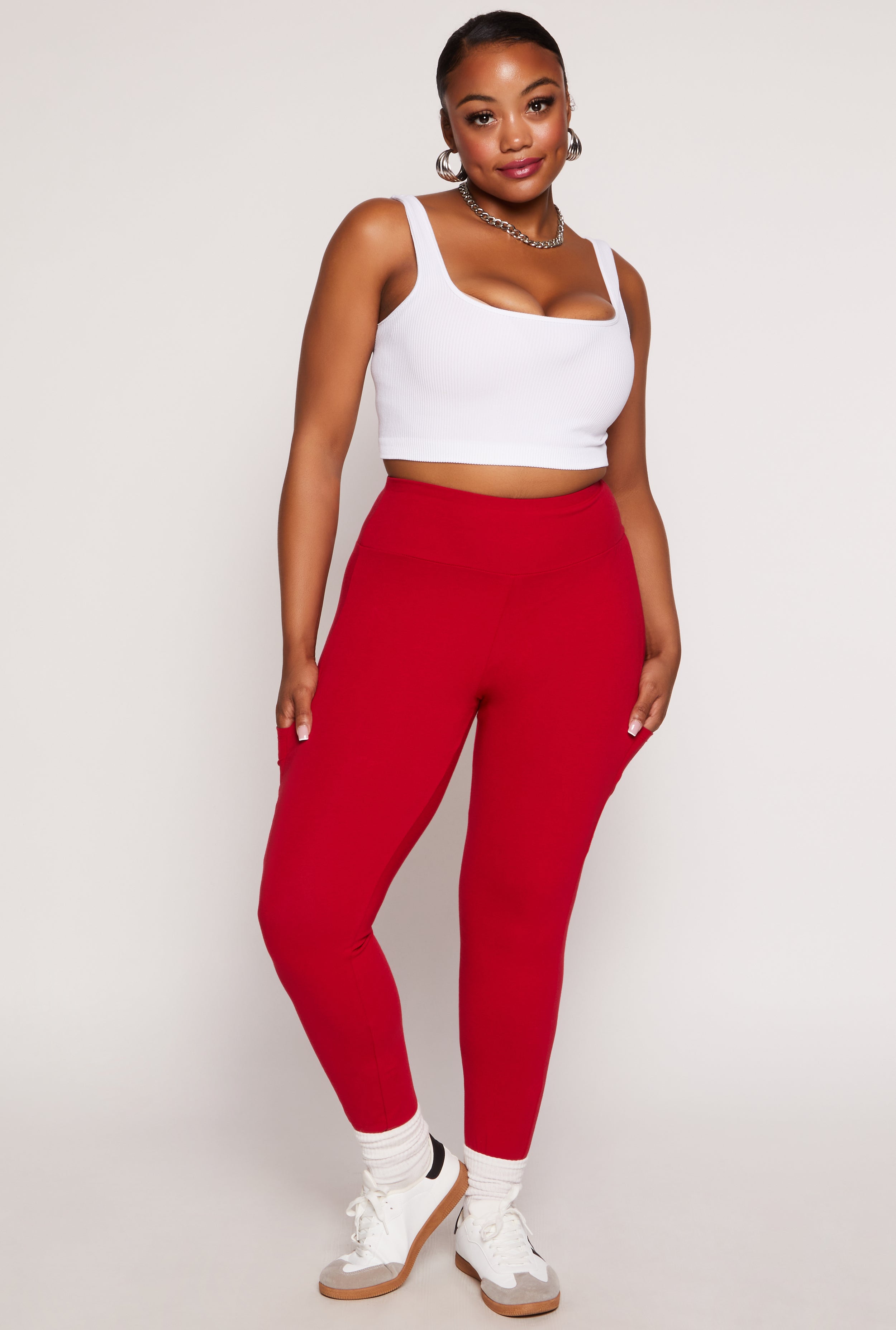 Plus Size Solid High Waist Cell Phone Pocket Leggings