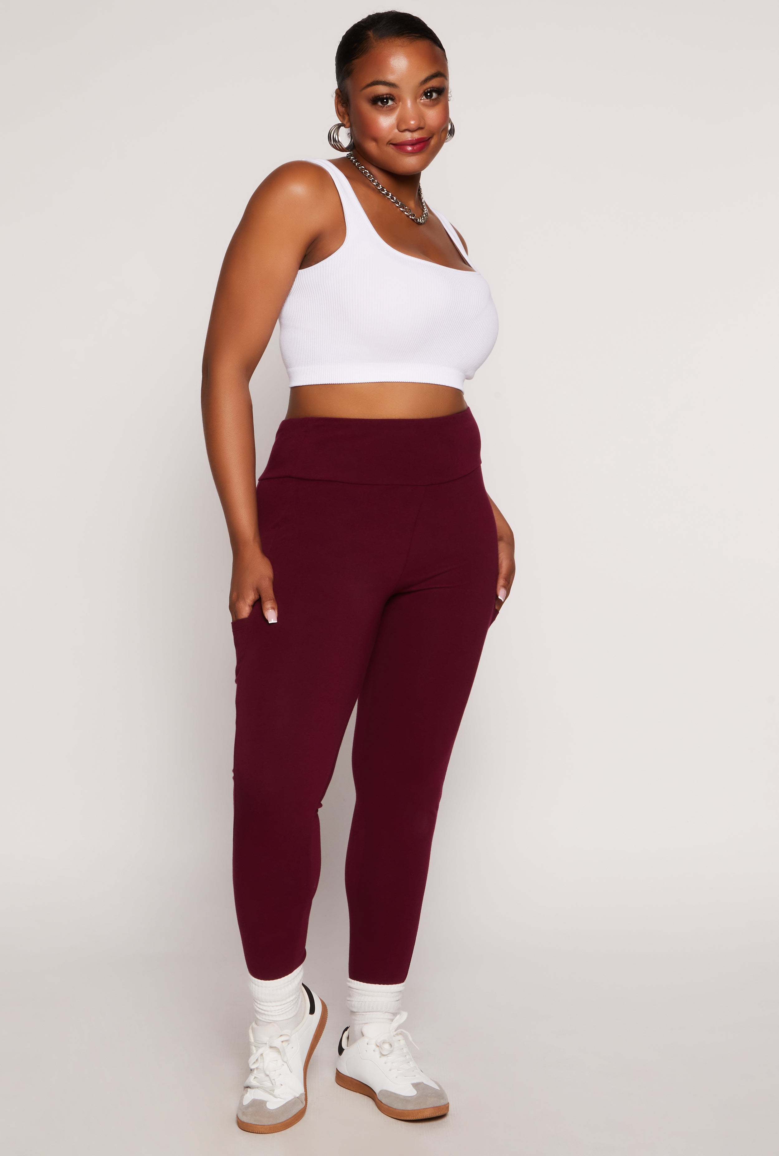Plus Size Solid High Waist Cell Phone Pocket Leggings